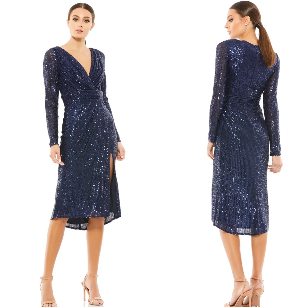 Ieena For Mac Duggal | NWT! LONG SLEEVE SEQUINED MIDI DRESS In Midnight Size: 4